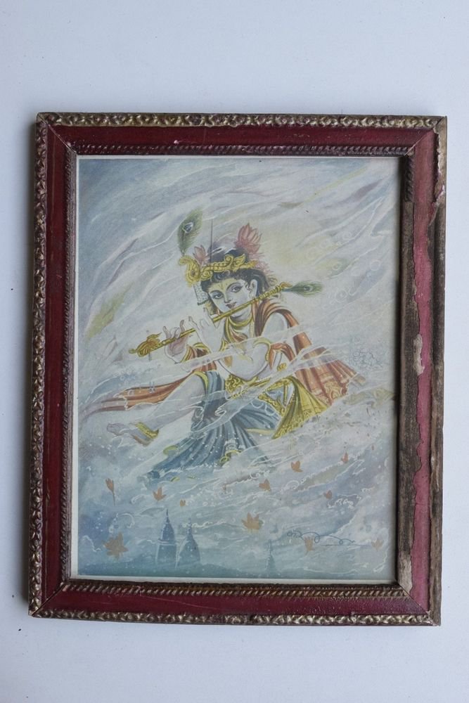 Krishna Collectible Rare Old Art Print in Old Wooden Frame from India #3304