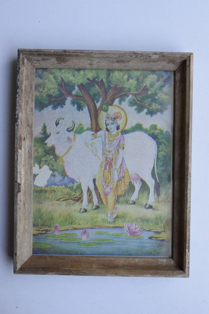 Krishna Collectible Rare Old Art Print in Old Wooden Frame from India #3307
