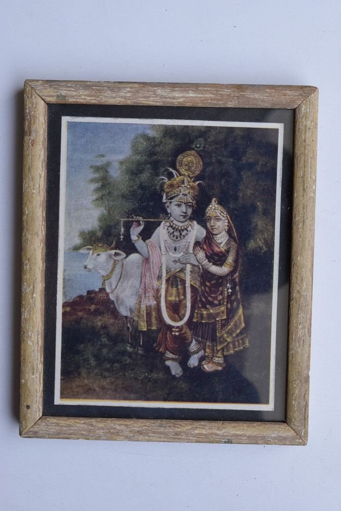 Krishna Collectible Rare Old Art Print in Old Wooden Frame from India #3312