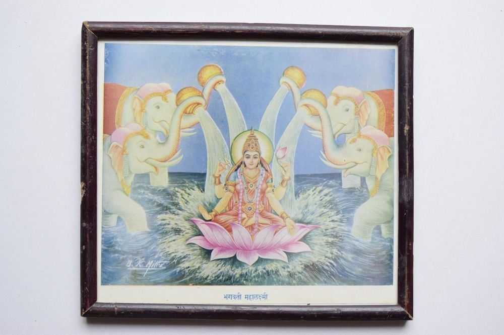 Rare Goddess Laxmi Old Religious Print in Old Wooden Frame India Art #3110