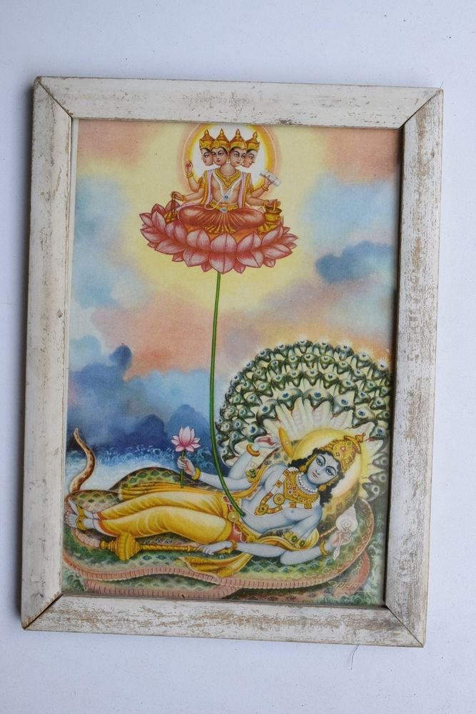 Vishnu Collectible Rare Old Religious Art Print in Old Wooden Frame India #3327