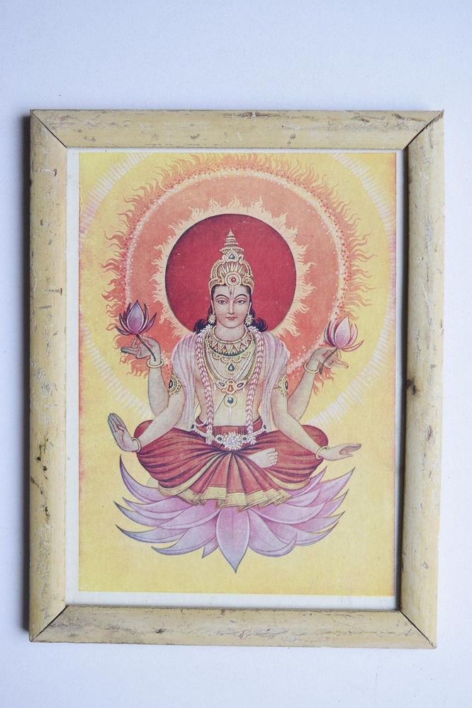 Beautiful God Vishnu Old Religious Print in Old Wooden Frame India Art #3112