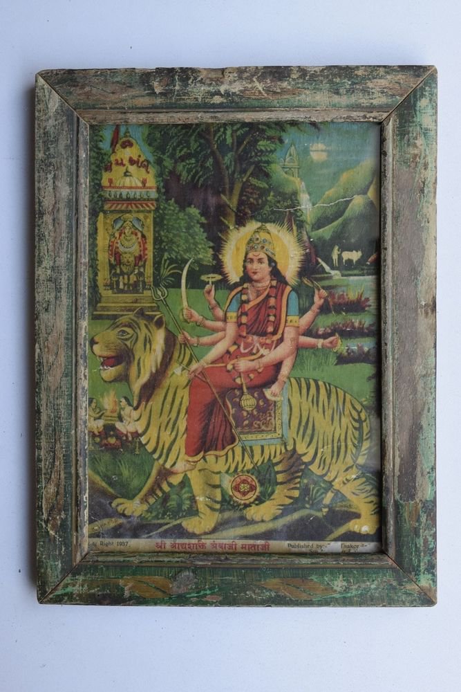 Goddess Amba Collectible Rare Old Religious Art Print in Old Wooden Frame #3335