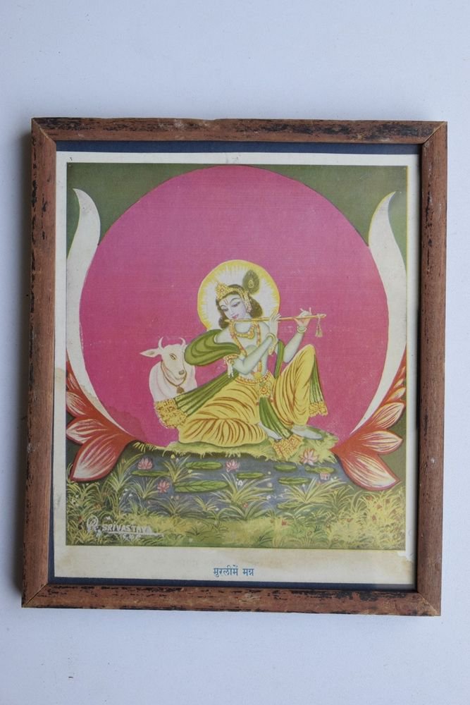 Krishna Collectible Rare Old Art Print in Old Wooden Frame from India #3306