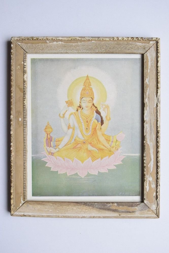 Rare Goddess Laxmi Old Religious Print in Old Wooden Frame India Art #3111