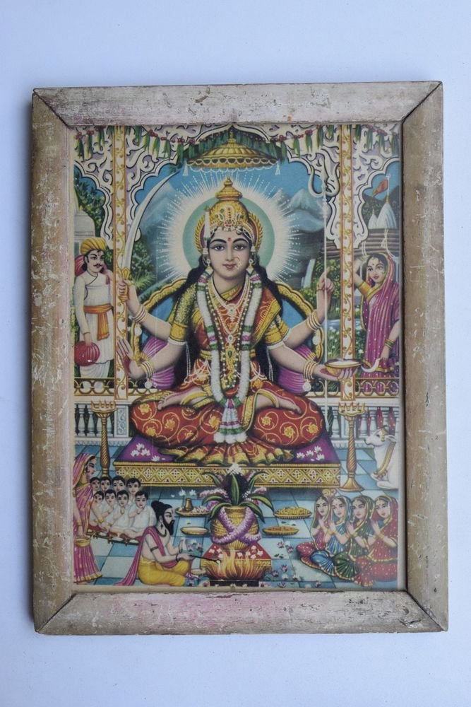 Goddess Santoshi Mata Ji Rare Old Religious Art Print in Old Wooden Frame #3350