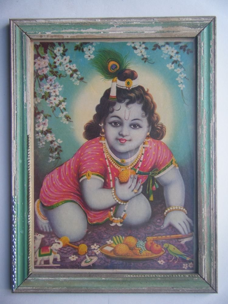 Hindu God Krishna Rare Old Religious Print in Old Wooden Frame India Art #2777