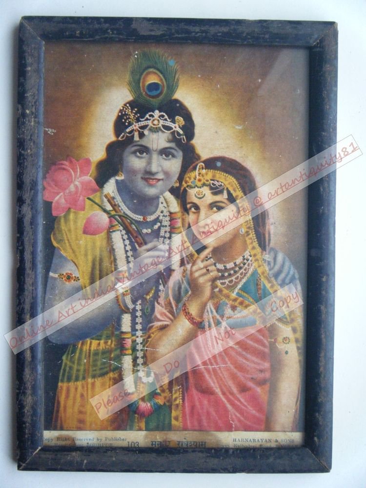 Hindu God Krishna Nice Old Religious Print in Old Wooden Frame India Art #2465
