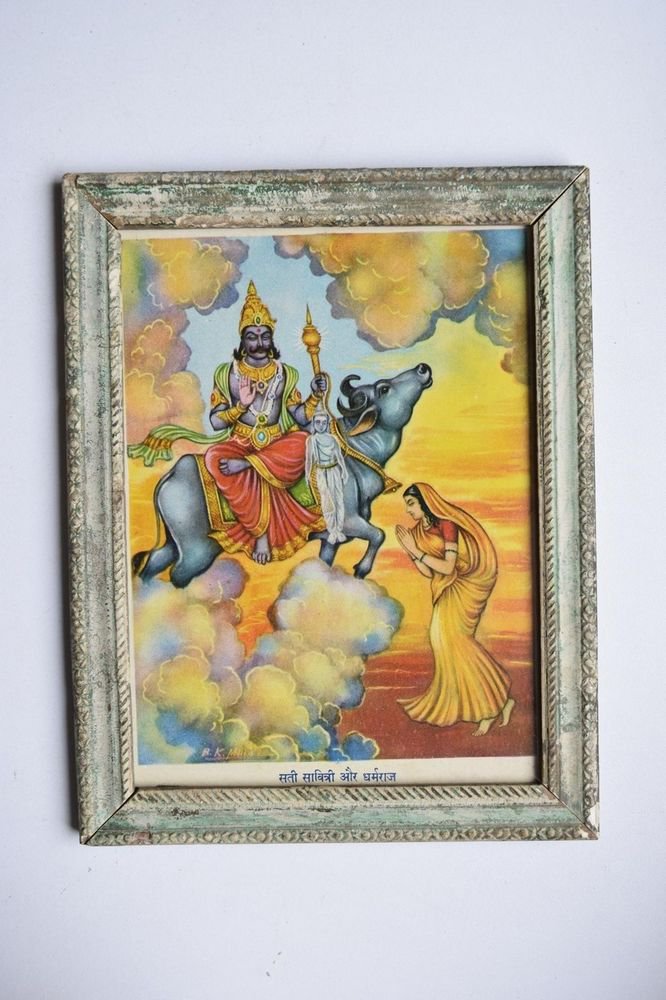 Savirtri & Dharmraj Old Religious Print in Old Wooden Frame India Art #3137