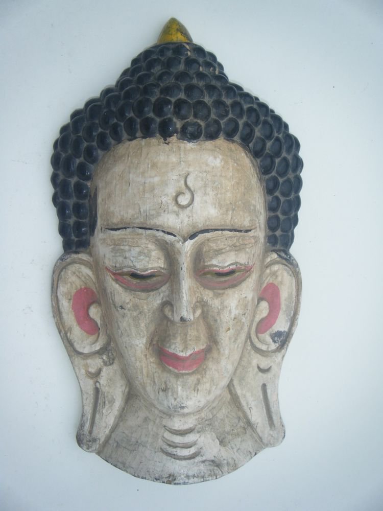 Buddha Wooden Mask, Old Rare Hand Coloured Handmade Original Indian Mask #756