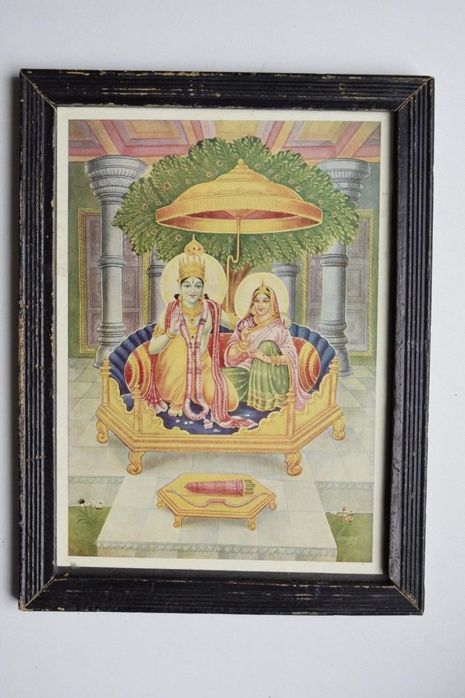 God Rama Ramayana Rare Old Religious Print in Old Wooden Frame India Art #3133
