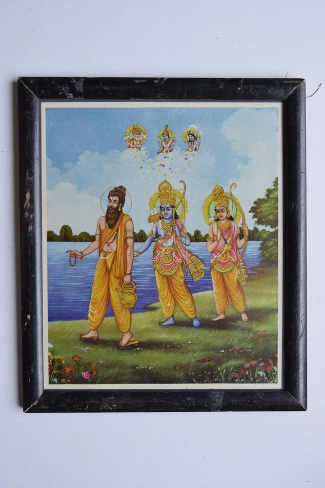 Lord Rama Ramayana Rare Old Religious Print in Old Wooden Frame India Art #3125