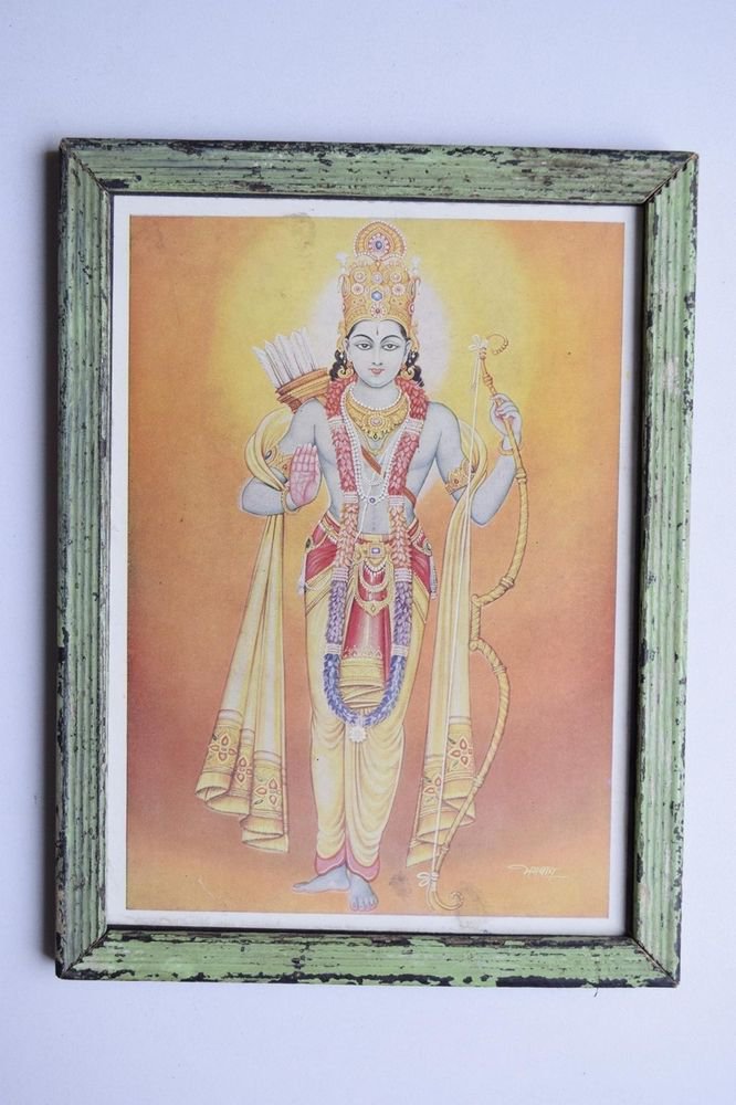 Lord Rama Ramayana Rare Old Religious Print in Old Wooden Frame India Art #3120