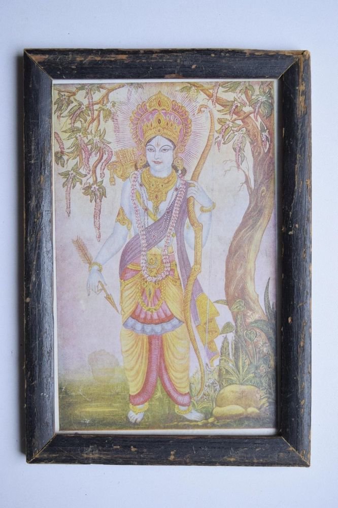 Lord Rama Ramayana Rare Old Religious Print in Old Wooden Frame India Art #3122