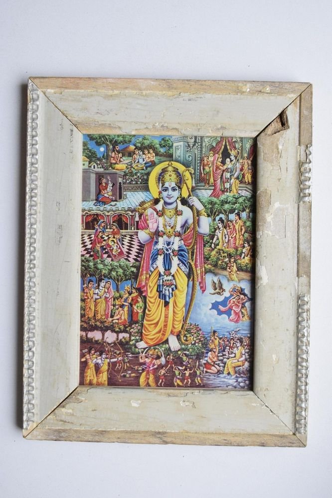 Lord Rama Ramayana Rare Old Religious Print in Old Wooden Frame India Art #3123