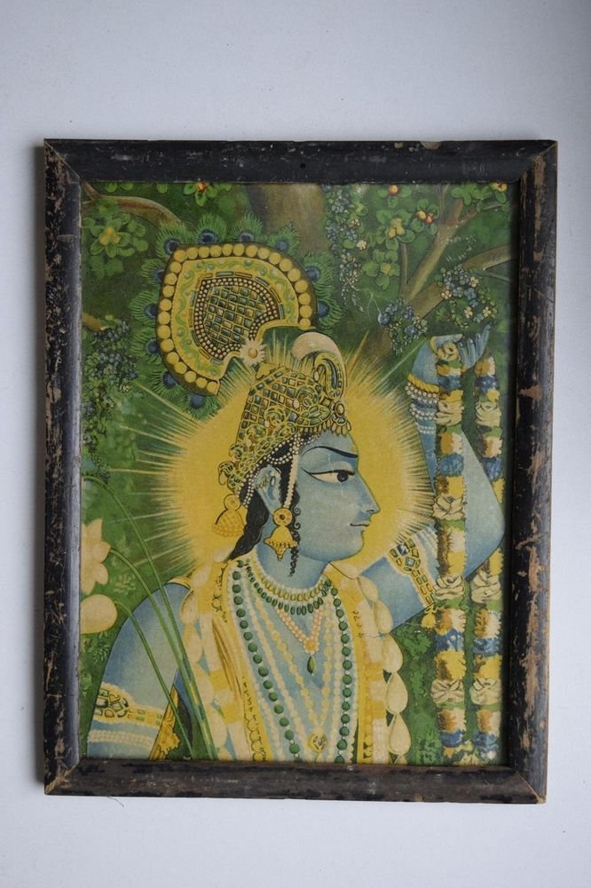 Hindu God Krishna Rare Old Religious Print in Old Wooden Frame India Art #3045