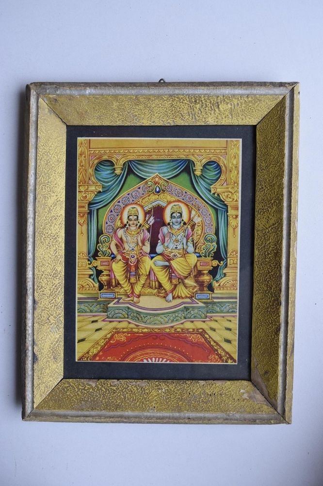 Lord Rama Ramayana Rare Old Religious Print in Old Wooden Frame India Art #3128
