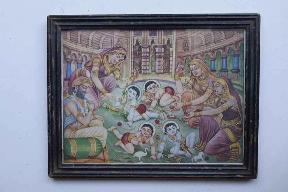 Rama Family Collectible Rare Old Art Print in Old Wooden Frame from India #3289