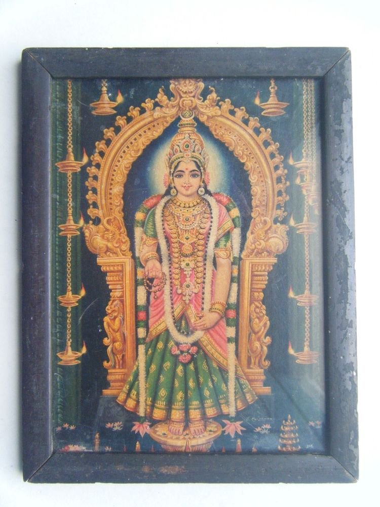 Goddess Meenaskshi Rare Old Religious Print in Old Wooden Frame India Art #2854