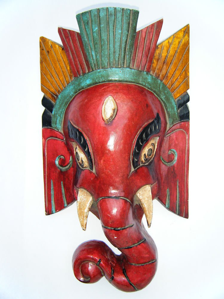 Ganesha Wooden Mask, Old Rare Hand Coloured Handmade Original Indian Mask #1571