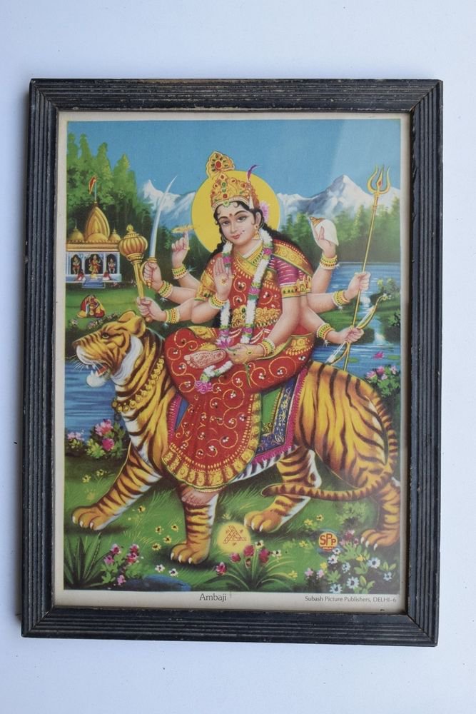 Goddess Amba Collectible Rare Old Religious Art Print in Old Wooden Frame #3334
