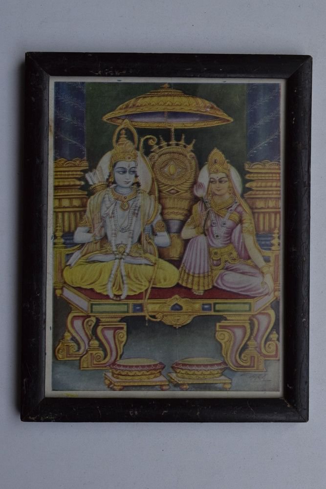 God Rama Sita Mata Rare Old Religious Print in Old Wooden Frame India Art #3243