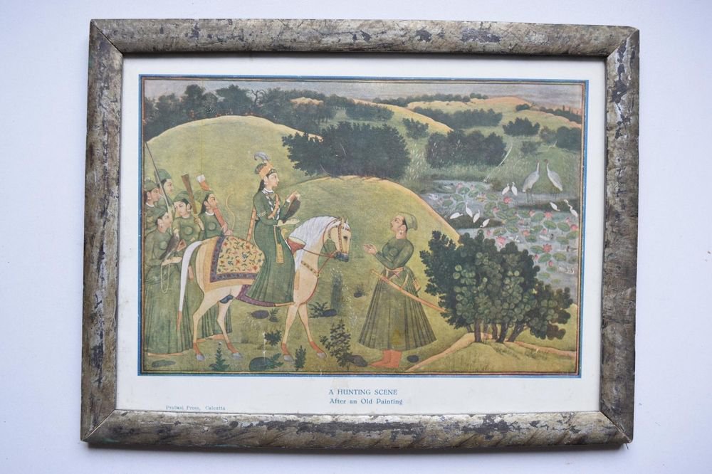 A Hunting Scene Collectible Rare Old Print in Old Wooden Frame India Art #3138