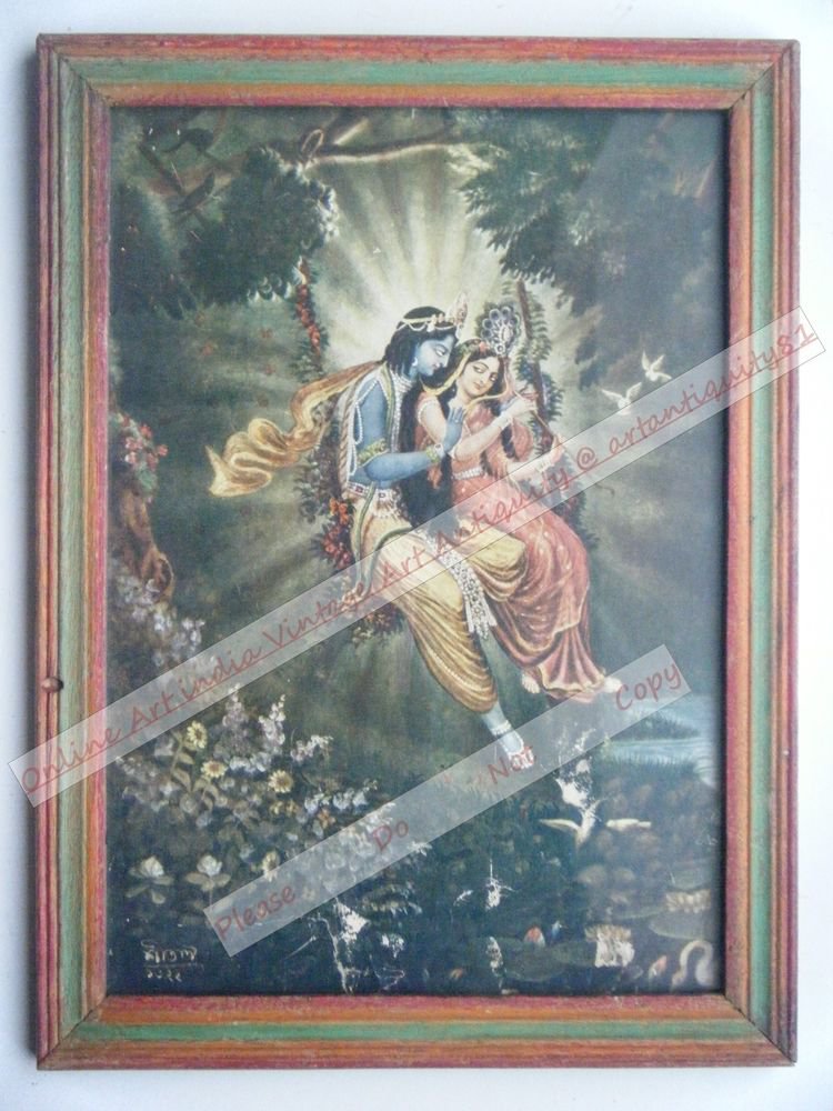 Hindu God Krishna Nice Old Religious Print in Old Wooden Frame India Art #2462