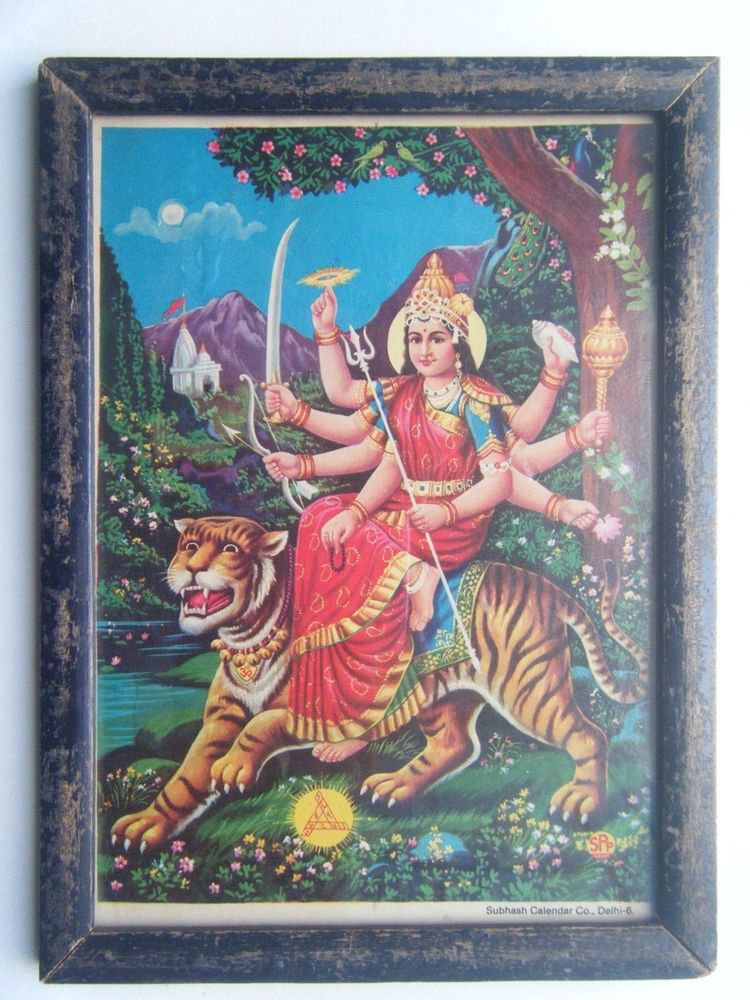 Goddess Ambe Mata Rare Old Religious Print in Old Wooden Frame India Art #2859