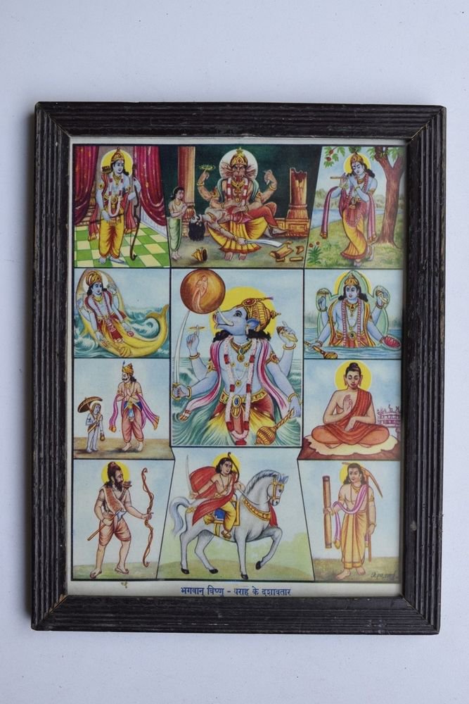 Vishnu Avatar Collectible Rare Old Religious Art Print in Old Wooden Frame #3328
