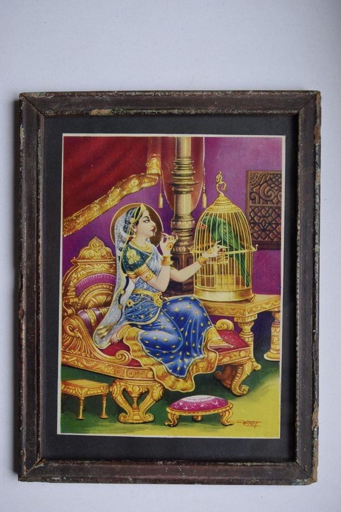 Beautiful Woman Collectible Rare Old Print in Old Wooden Frame India Art #3140