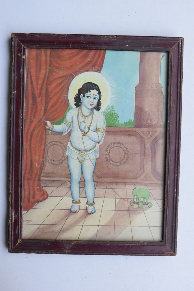 Krishna Collectible Rare Old Art Print in Old Wooden Frame from India #3298