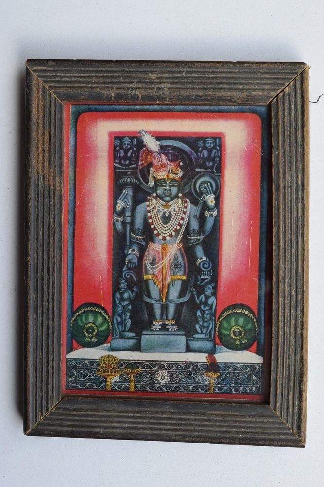 Shrinathji Krishna Dwaarkadhish God Old Print in Old Wooden Frame India #3226