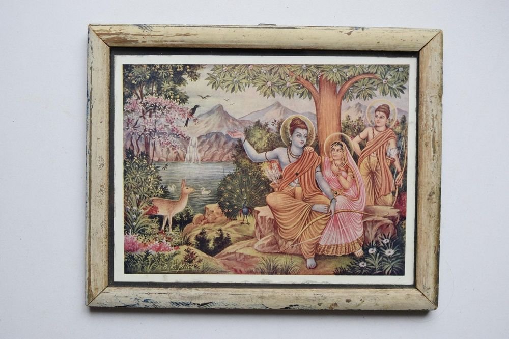 God Rama Ramayana Rare Old Religious Print in Old Wooden Frame India Art #3132