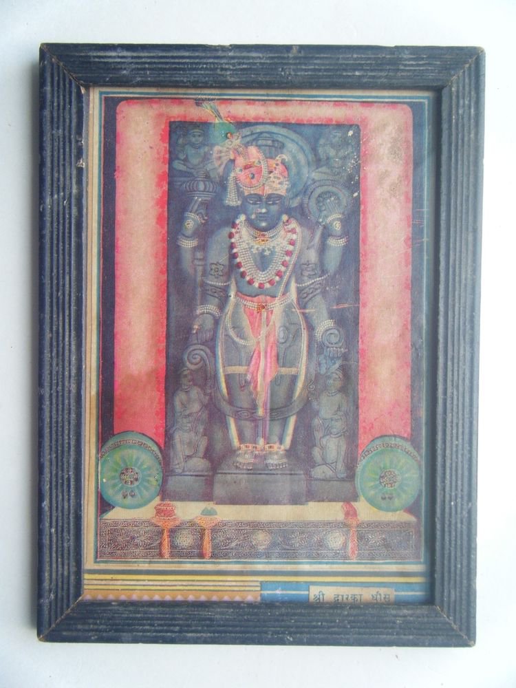 Shrinathji Krishna Dwaarkadhish God Old Print in Old Wooden Frame India #2752