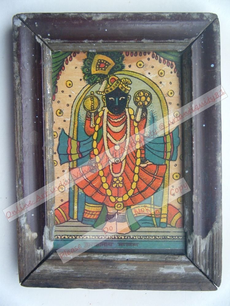 Shrinathji Krishna Avatar Home Worship Old Print in Old Wooden Frame India #2547