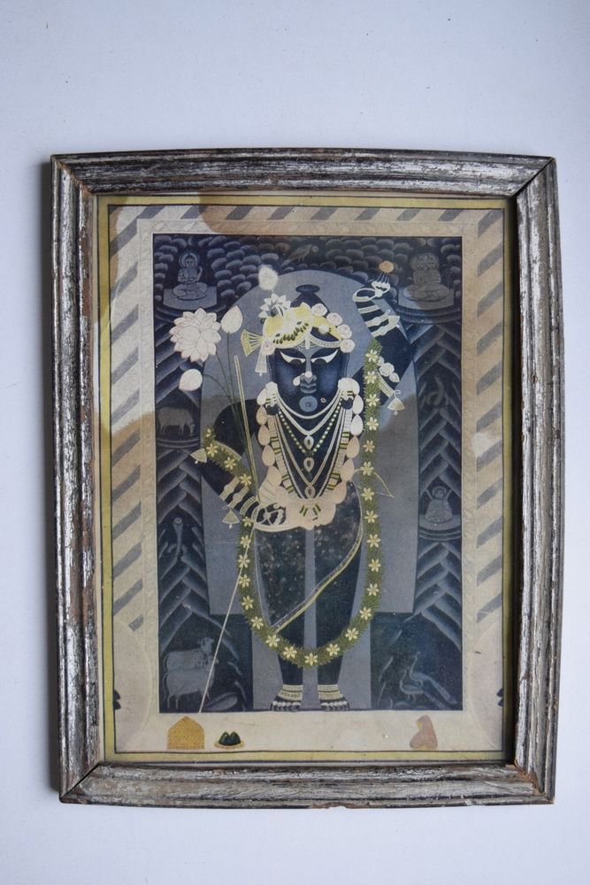 God Krishna Shrinathji Collectible Old Religious Print in Old Wooden Frame #3203