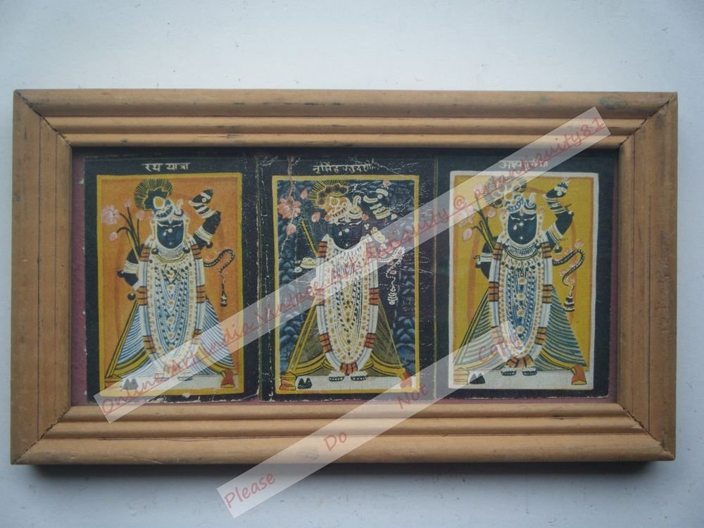 Shrinathji Krishna Avatar Home Worship Old Print in Old Wooden Frame India #2552