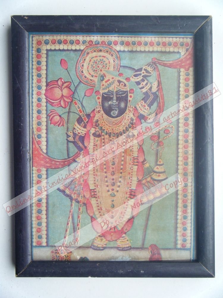 Shrinathji Krishna Avatar Home Worship Old Print in Old Wooden Frame India #2556