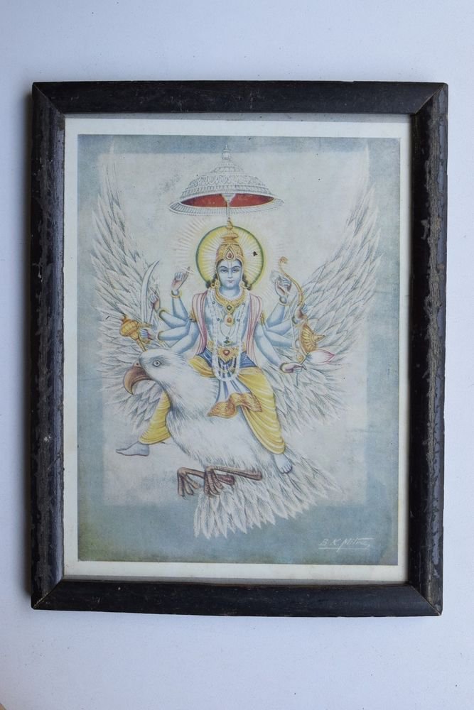 Vishnu Collectible Rare Old Religious Art Print in Old Wooden Frame #3319