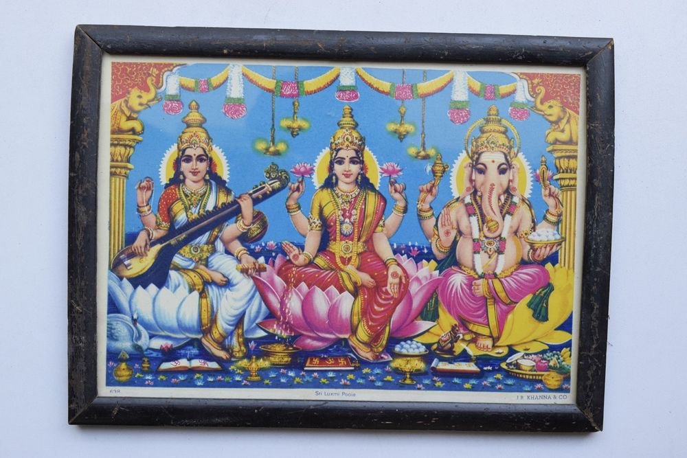 Wealth Goddess Laxmi Rare Old Religious Art Print in Old Wooden Frame #3352