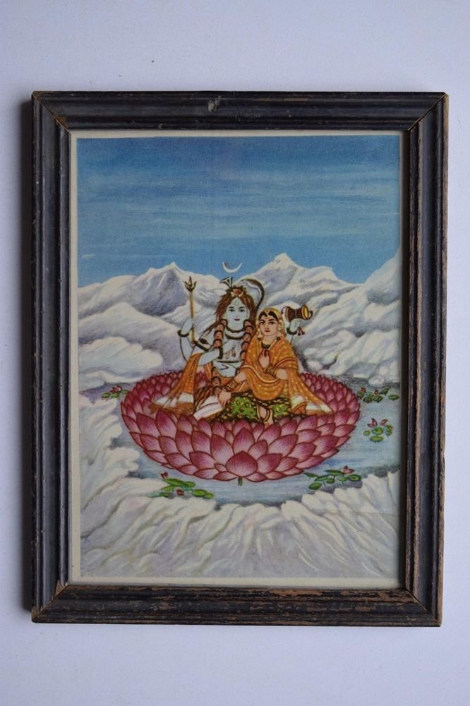 Hindu God Shiva Parvati Collectible Old Religious Print in Old Wooden Frame#3158