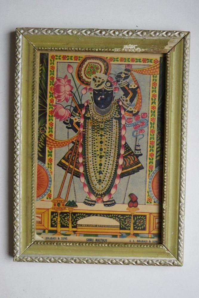 God Krishna Shrinathji Collectible Old Religious Print in Old Wooden Frame #3204