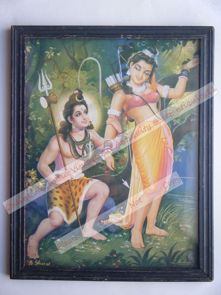 Hindu God Shiva Parvati Rare Print in Hand Coloured Old Wooden Frame India #2419