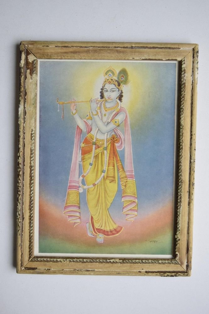 God Krishna Rare Collectible Old Religious Print in Old Wooden Frame #3172