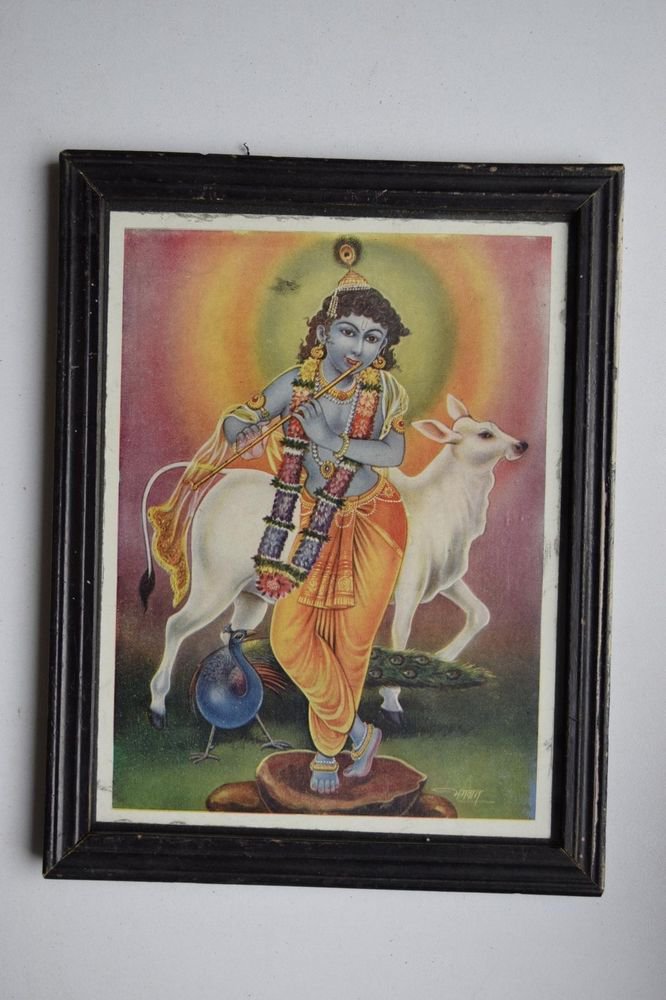 God Krishna Rare Collectible Old Religious Print in Old Wooden Frame #3169