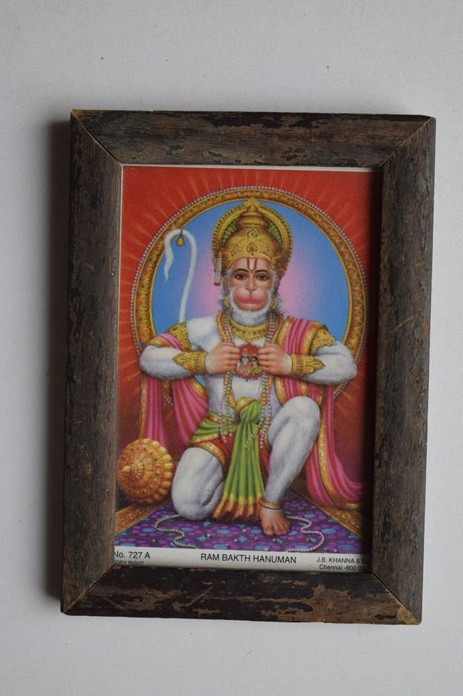 Monkey God Hanuman Collectible Original Print in Old Wooden Frame India #3150