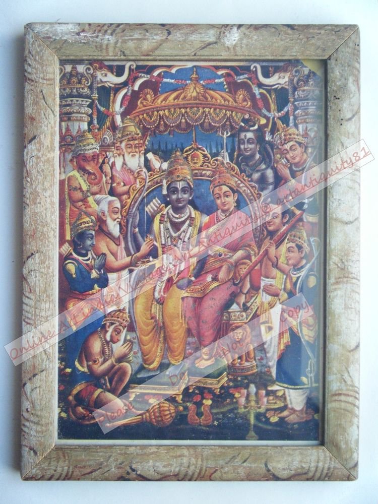 Hindu God Rama Ramayana Rare Print in Hand Coloured Old Wooden Frame India #2426