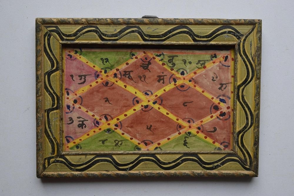 Nice Cosmology Hand Coloured Original Painting in Old Wooden Frame India #3063
