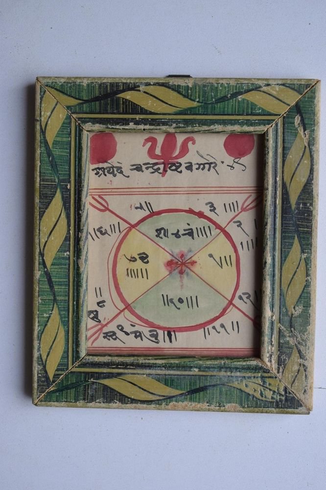 Nice Cosmology Hand Coloured Original Painting in Old Wooden Frame India #3066